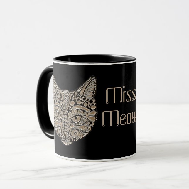 Taza Arte deco oro negro estilo egipcio gato (Anverso izquierdo)