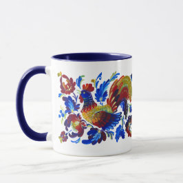 Taza Arte del ucraniano de Petrykivka del gallo