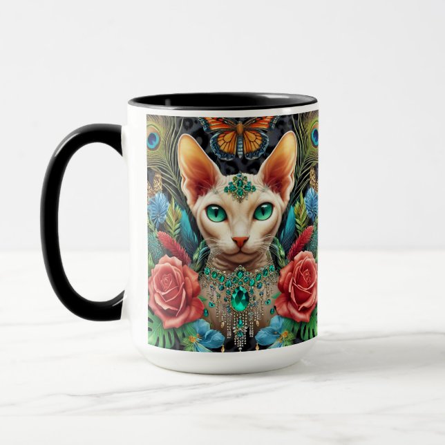 Taza Arte floral de gato Sfinx blanco (Izquierda)
