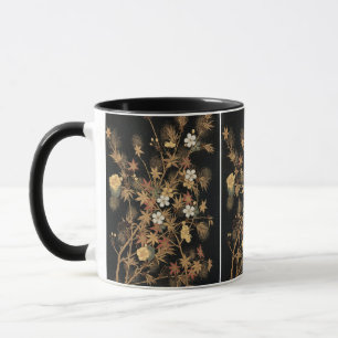 Taza Arte Floral de Otoño Vintage Japonés Negro Dorado