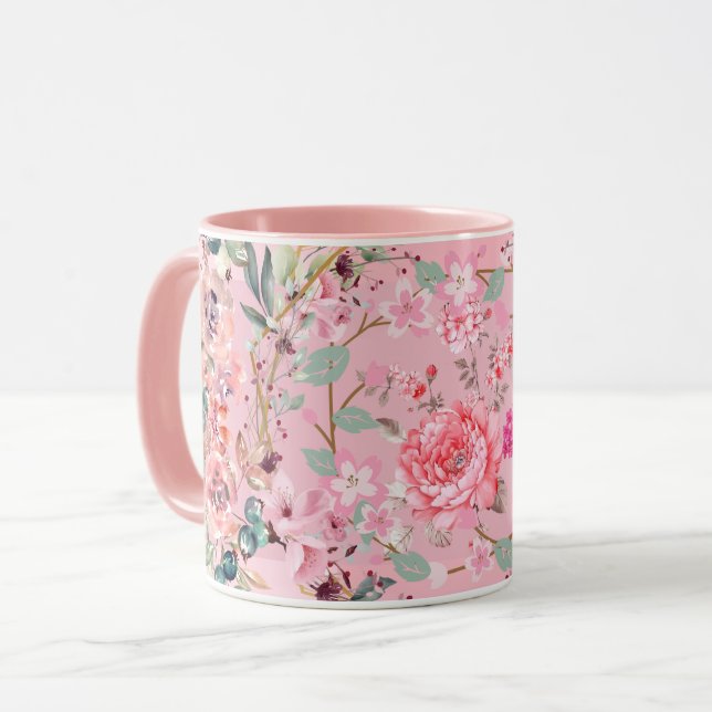 Taza Arte floral, guirnalda floral rosa, arte rosa (Anverso izquierdo)