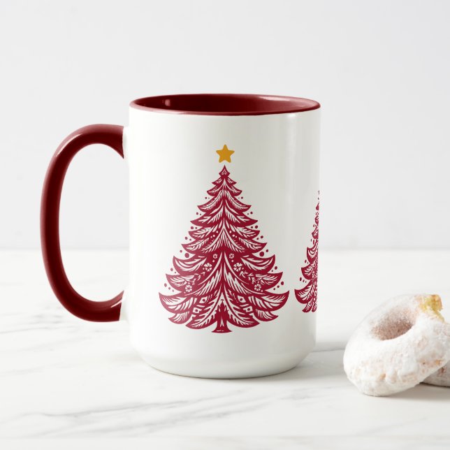 Taza Arte folclórico escandinavo café de árbol de Navid (Con donut)