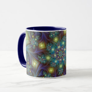 Taza Arte fractal abstracto iluminado brillante turques