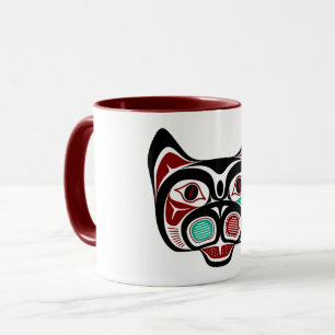 Taza Arte Haida Rojo Negro Verde Gato Amerindio