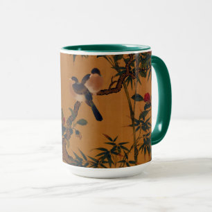 Taza Arte Japonés Antiguo: Bambú, Aves y Camelias