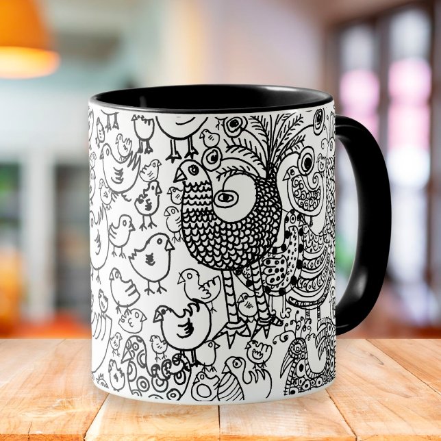 Taza Arte moderno dibujado a mano pájaros blanco y negr (Subido por el creador)