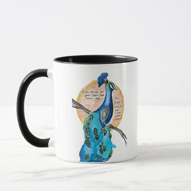 Taza Arte Peacock Shine, sin fondo, con Isaías 60:1 (Izquierda)