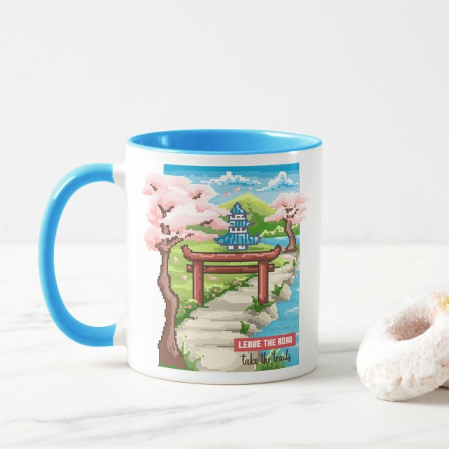 Taza Arte pixel con flores de cerezo japonés (Con donut)