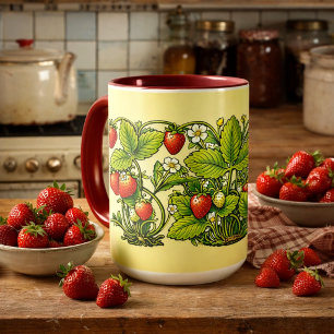 Taza Arte Retro Art Nouveau Fresas Con Flores Y Enredad