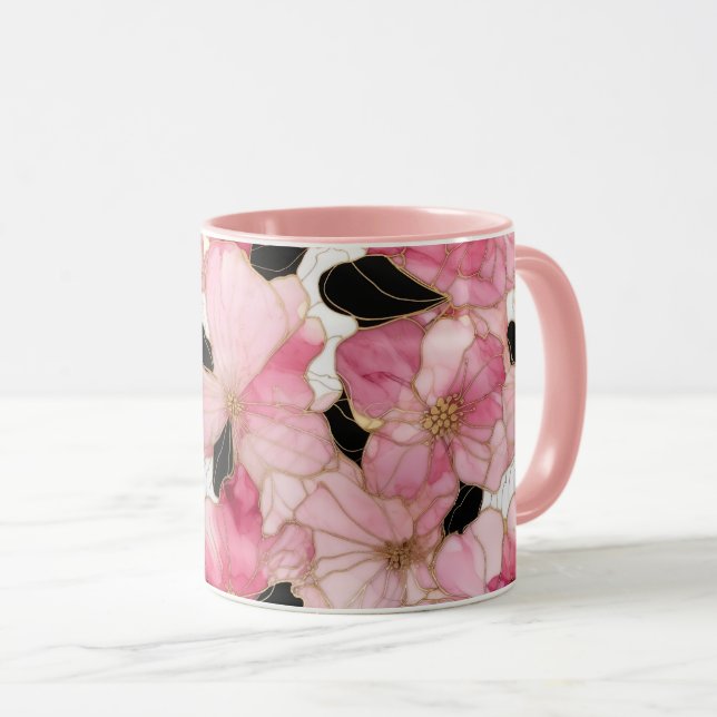 Taza Artistic Pink Blooms Black Ink Abstract (Anverso derecho)