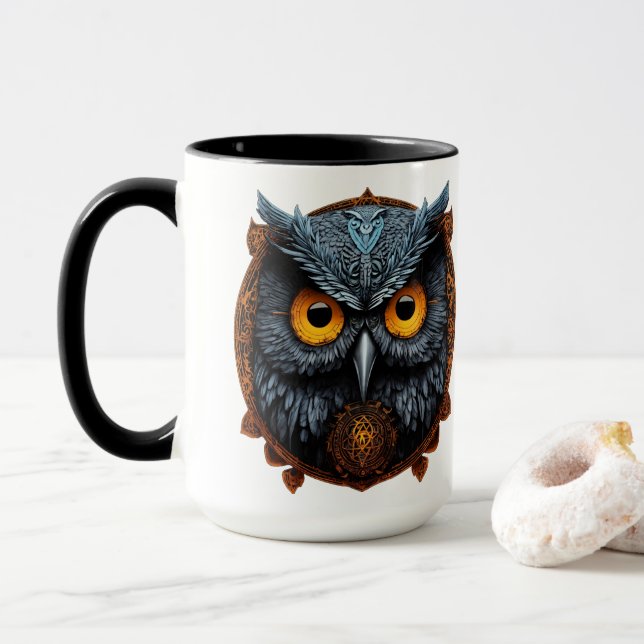 Taza Ascendente de Enigma: Apollyon Sigil Owl White Mug (Con donut)