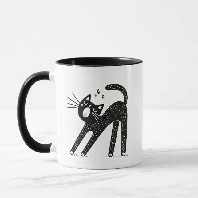 Taza Asombroso gato negro que bostece y estira (Izquierda)