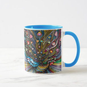 Taza Asombroso pavo real en el arte al estilo Huichol