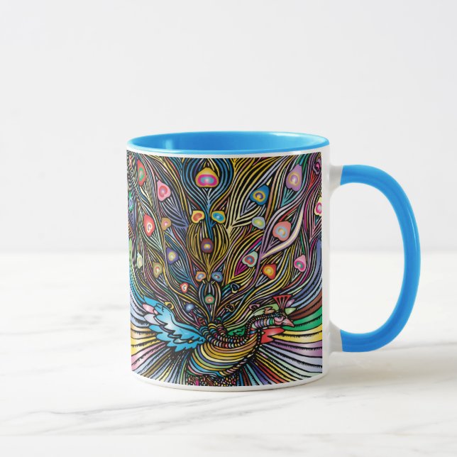 Taza Asombroso pavo real en el arte al estilo Huichol (Derecha)