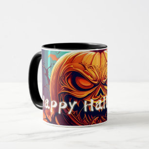 Taza Asustada Naranja Calabaza con cara, Halloween