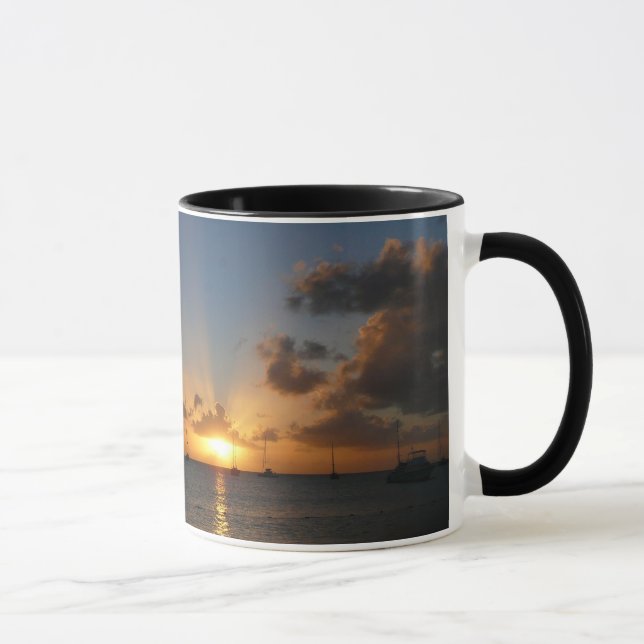 Taza Atardecer con veleros paisaje tropical foto (Derecha)
