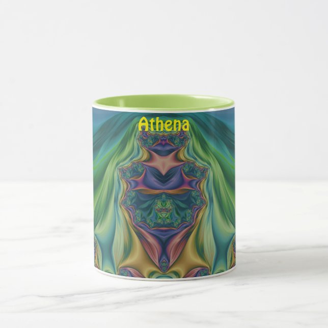 Taza ATHENA ~ Zany 3D Fractal ~ Morado Verde Amarillo (Centro)
