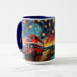 Taza Autobús Rojo De Doble Decker En Una Noche Estelar,
