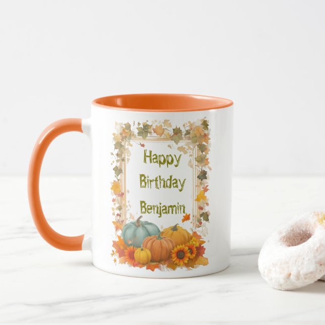 Taza Autumn Birthday Mug Personalized Fall Pumpkins  (Con donut)
