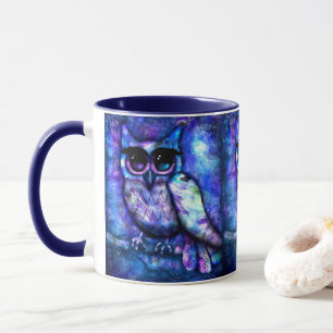 Taza Ave azul púrpura de búho de ojos grandes y caprich