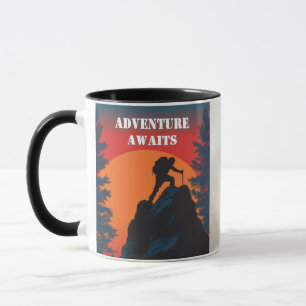 Taza Aventura Espera Silueta De Montaña Atardecer Retro