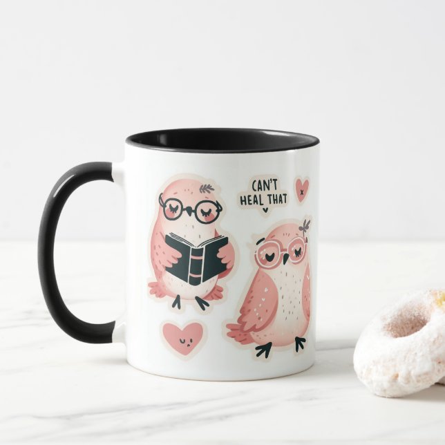 Taza Aves Amantes Amantes Cute Rosa - "No se puede cura (Con donut)