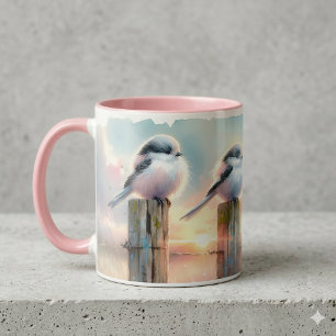 Taza Aves de Acuarela Pastel en Poste de Cerca al Atard