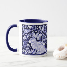 Taza Aves de conejo blanco azul de la marina clásica De