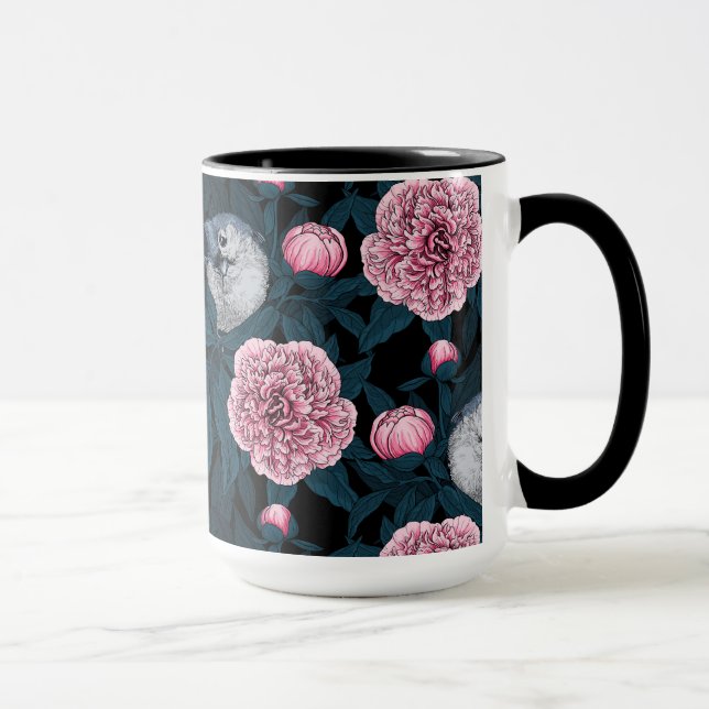 Taza Aves y flores de peón rosadas con hojas (Derecha)
