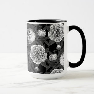 Taza Aves y flores de peonía monocromas, grises