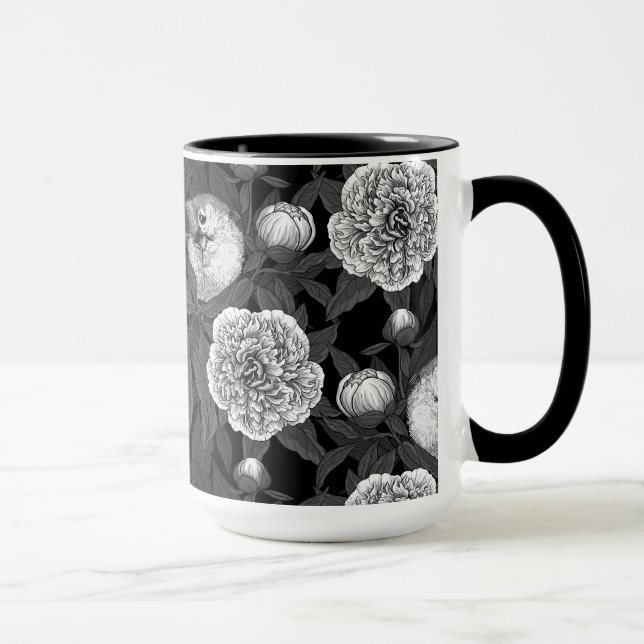 Taza Aves y flores de peonía monocromas, grises (Derecha)
