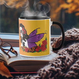 Taza Azúcar Hada Calavera Alas Moradas Rosas Atardecer