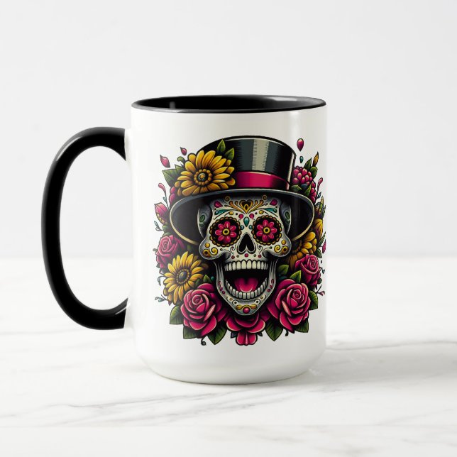Taza Azúcar Skull Art - Top hat y Sunflower Calavera (Izquierda)