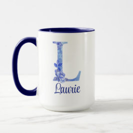 Taza Azul acuático monogramado de 15 onzas y floral