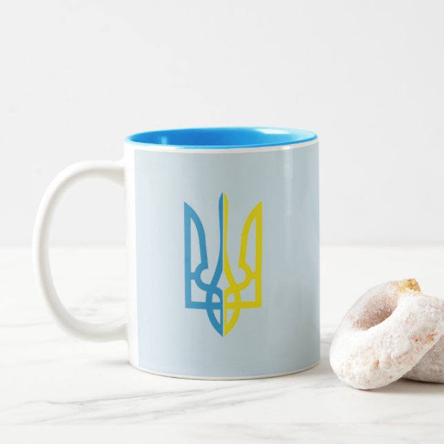 Taza azul/amarilla ucraniana de Tryzub (Con donut)