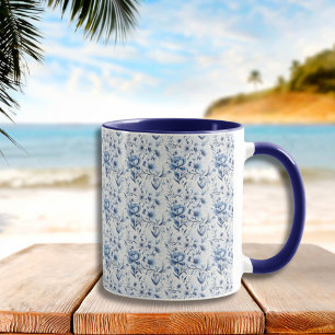 Taza Azul Blanco Floral Toile Chinoiserie Acuarela 