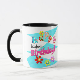 Taza Azul brillante blanco rosa divertido flores niños 