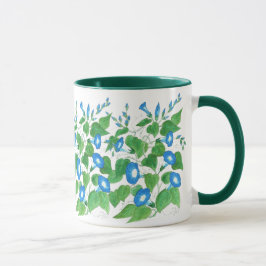 Taza Azul de gloria matutina sobre patrón floral blanco