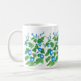 Taza Azul de gloria matutina sobre patrón floral blanco
