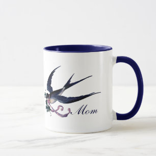 Taza azul de la mamá del pájaro del trago del
