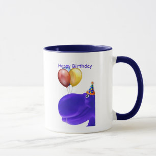 Taza azul del cumpleaños del hipopótamo feliz