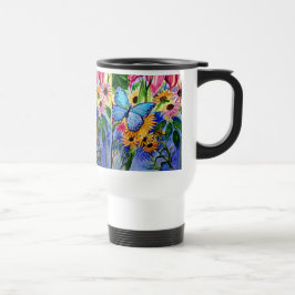 Taza azul del viaje de la mariposa