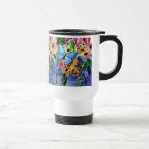 Taza azul del viaje de la mariposa