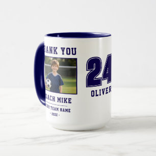 Taza azul foto nombre número equipo Gracias entren