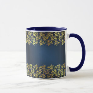 Taza azul marino, dorado floral, patrón, moda, elegante