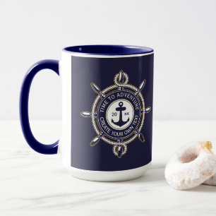 Taza Azul Marino y Beige Redondo con Brújula Costera