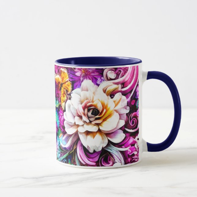 Taza Azul morado rosa azul Verde azulado Jardín blanco  (Derecha)