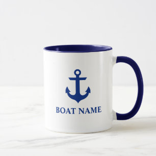 Taza Azul náutico y blanco del ancla del nombre del