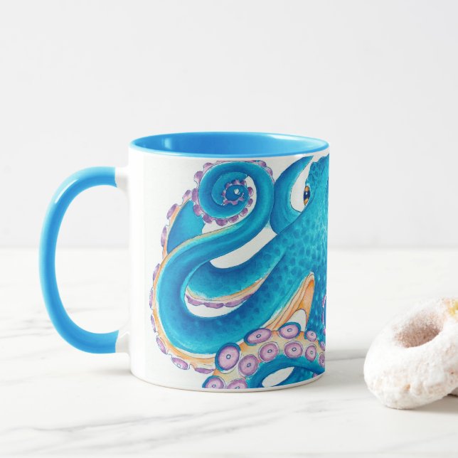 Taza Azul Octopus Watercolor Art (Con donut)