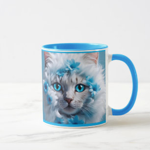 Taza azul regular con hermoso gato blanco
